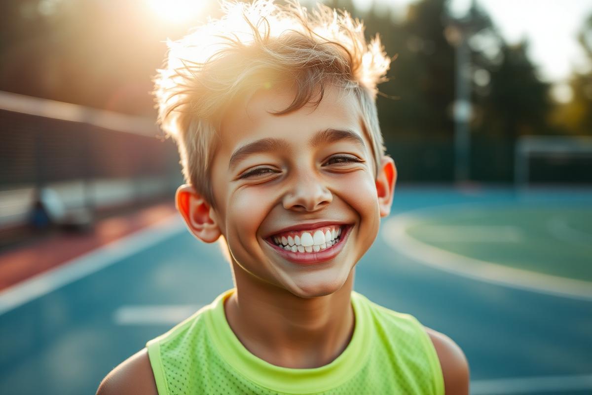 Jeune sportif souriant sur un terrain, prévention des chocs dentaires